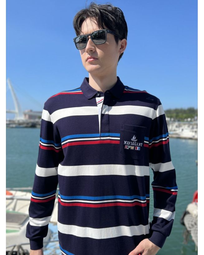 條紋經典刺繡有口袋彈性POLO 丈青